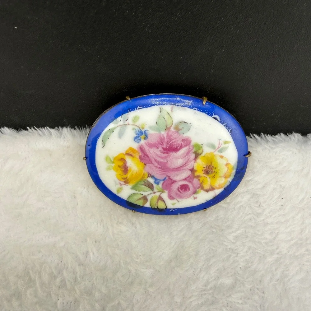 Vintage Victorian Brooch Blue Hand Painted Porcelain Pink  Gold Tone Oval READ